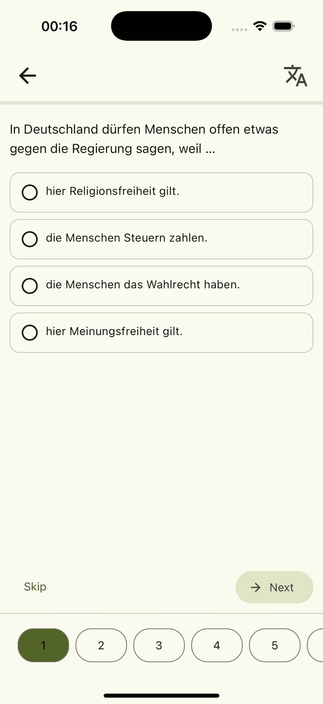Question screen with options to choose from